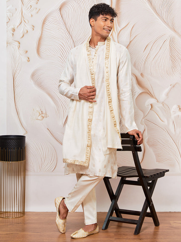 Men's Cream Cotton Blend Kurta,Pant And Dupatta Set