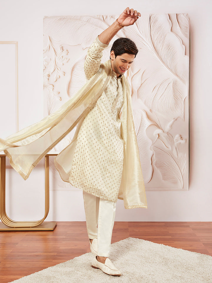 Men's Cream Tissue Silk Kurta Pyjama And Dupatta Set