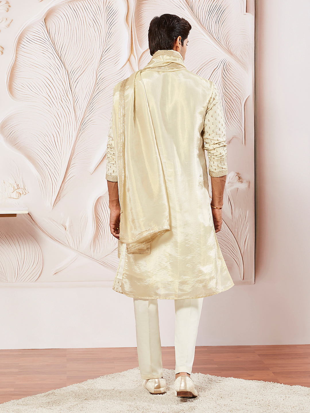 Men's Cream Tissue Silk Kurta Pyjama And Dupatta Set