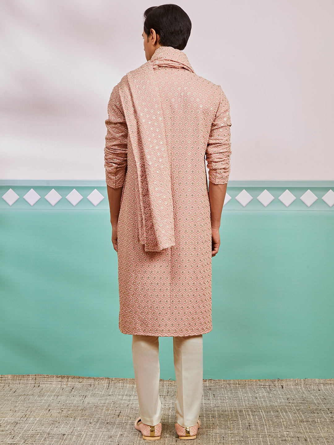 Men's Peach Rayon Kurta, Pyjama And Dupatta Set.