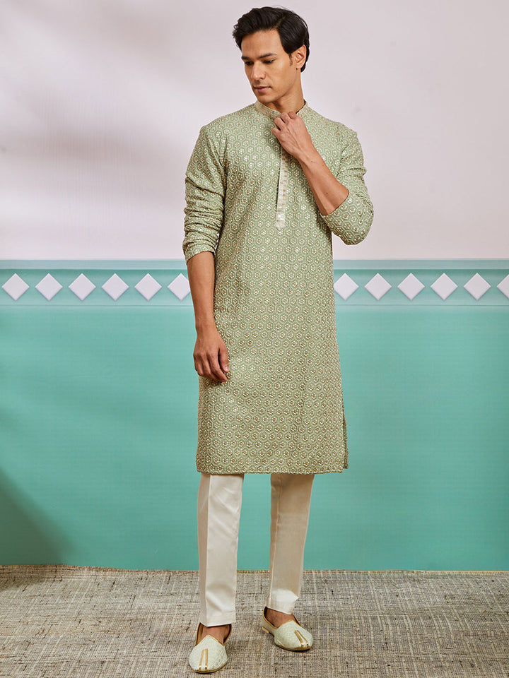 Men's Pista Green Rayon Kurta And Pyjama Set