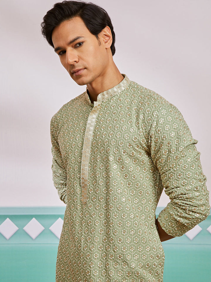 Men's Pista Green Rayon Kurta And Pyjama Set