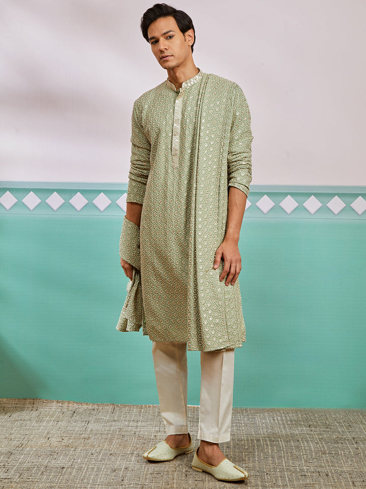 Men's Pista Green Rayon Kurta, Pyjama And Dupatta Set.