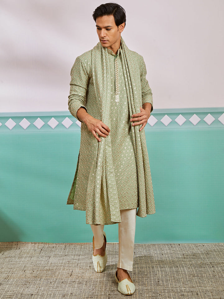 Men's Pista Green Rayon Kurta, Pyjama And Dupatta Set.