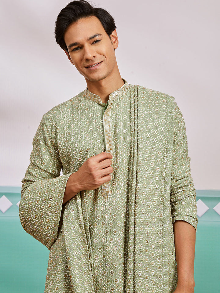 Men's Pista Green Rayon Kurta, Pyjama And Dupatta Set.