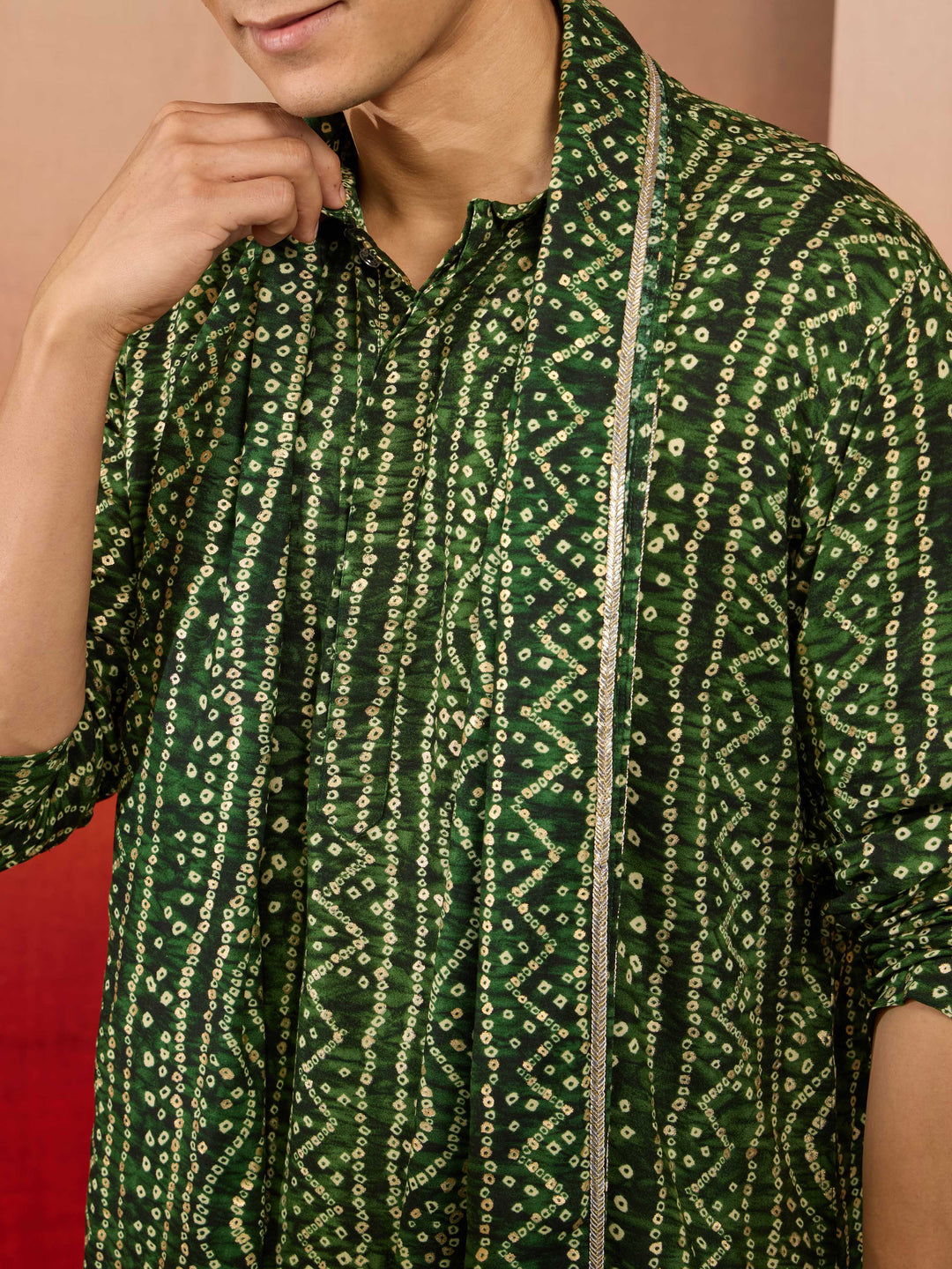 Mens Green Bandhani Kurta Set with Cream Pant and Dupatta