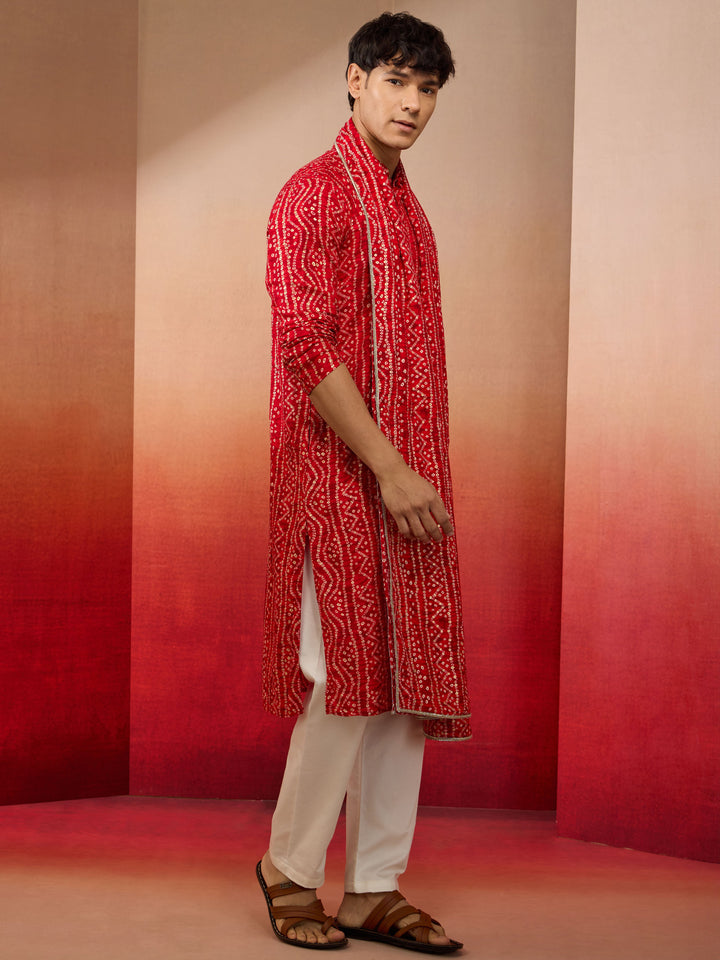 Mens Red Bandhani Kurta Set with Cream Pant and Dupatta