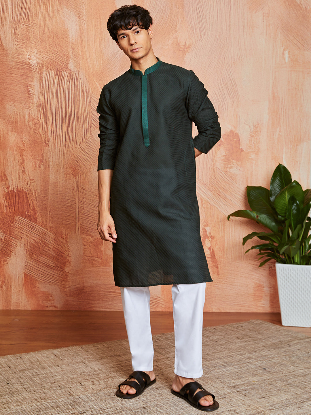 Men's Bottle Green Cotton  Kurta And Pyjama Set