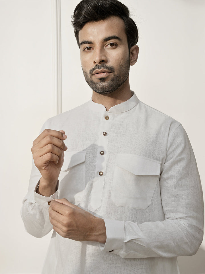 Men White Cotton Linen Pathani Kurta With Palazzo Set
