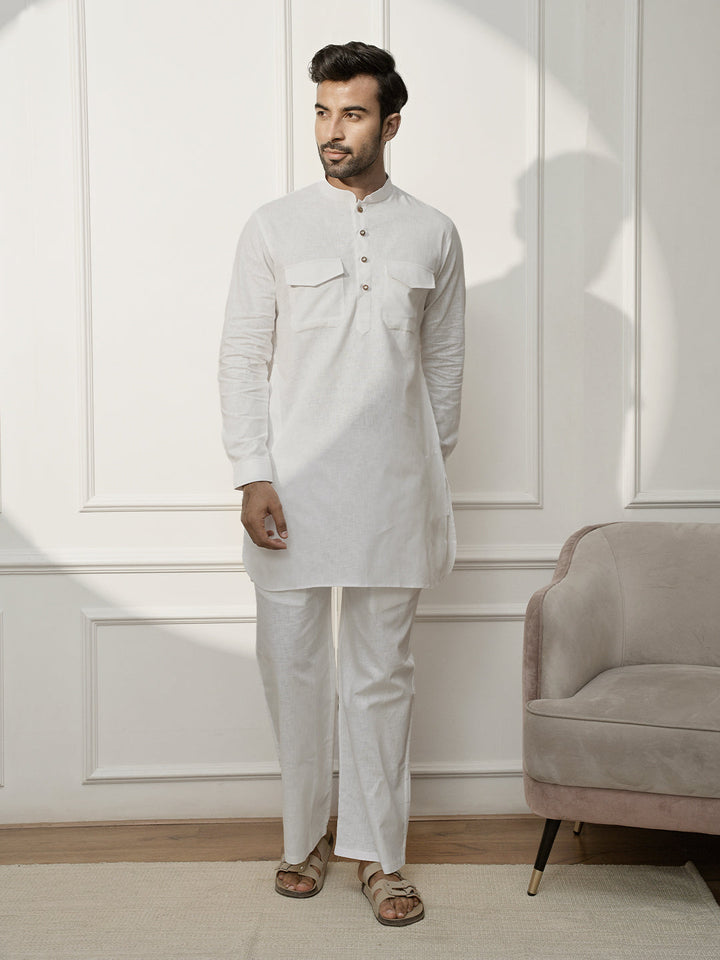 Men White Cotton Linen Pathani Kurta With Palazzo Set