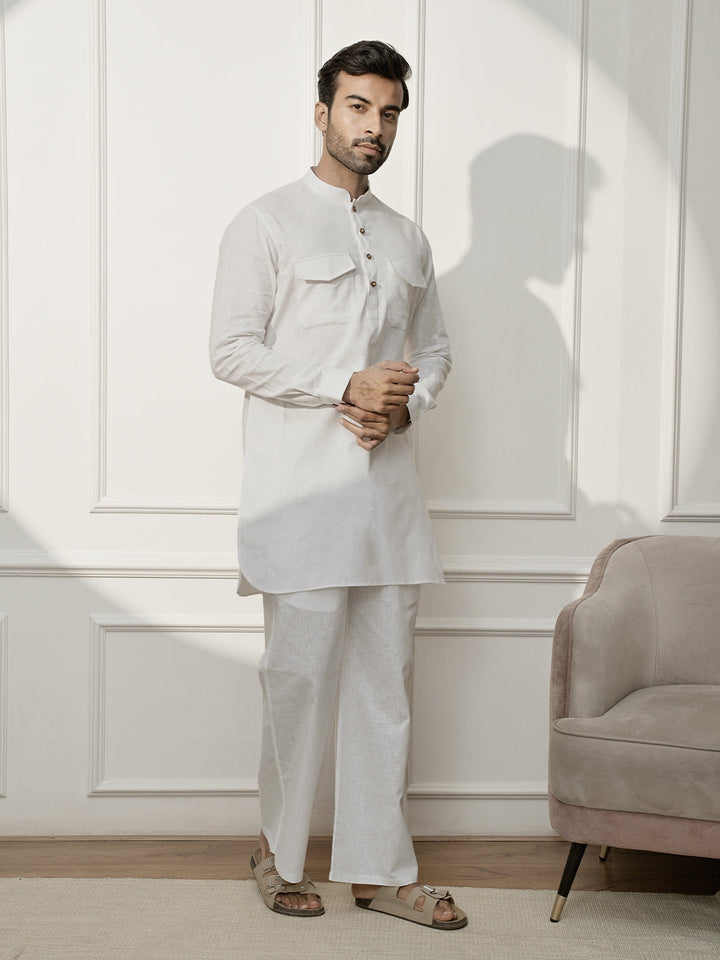 Men White Cotton Linen Pathani Kurta With Palazzo Set