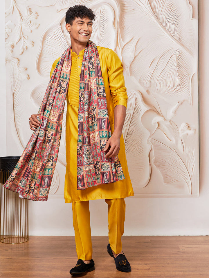 Men's Mustard Silk Blend Kurta,Pyjama And Dupatta Set.