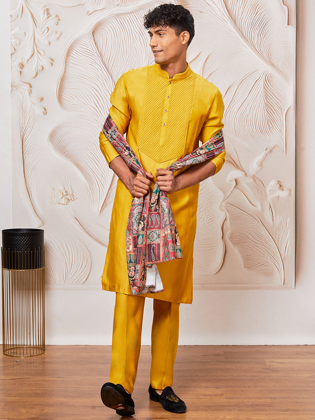 Men's Mustard Silk Blend Kurta,Pyjama And Dupatta Set.