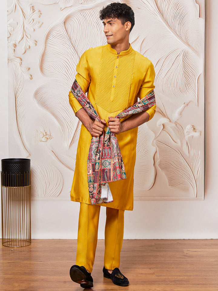 Men's Mustard Silk Blend Kurta,Pyjama And Dupatta Set.