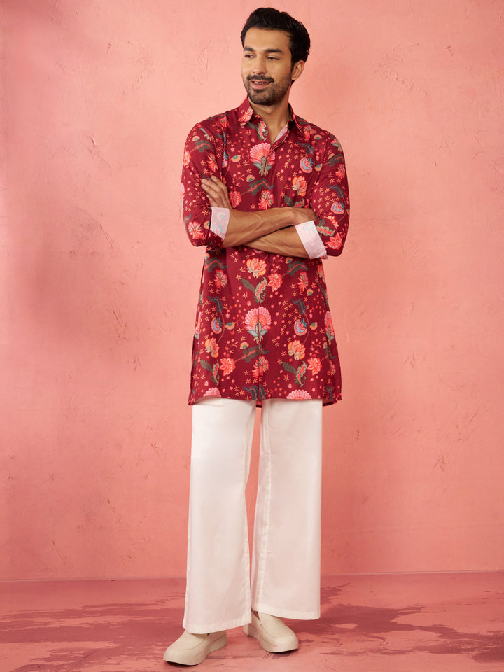 Men's Maroon Rayon Kurta