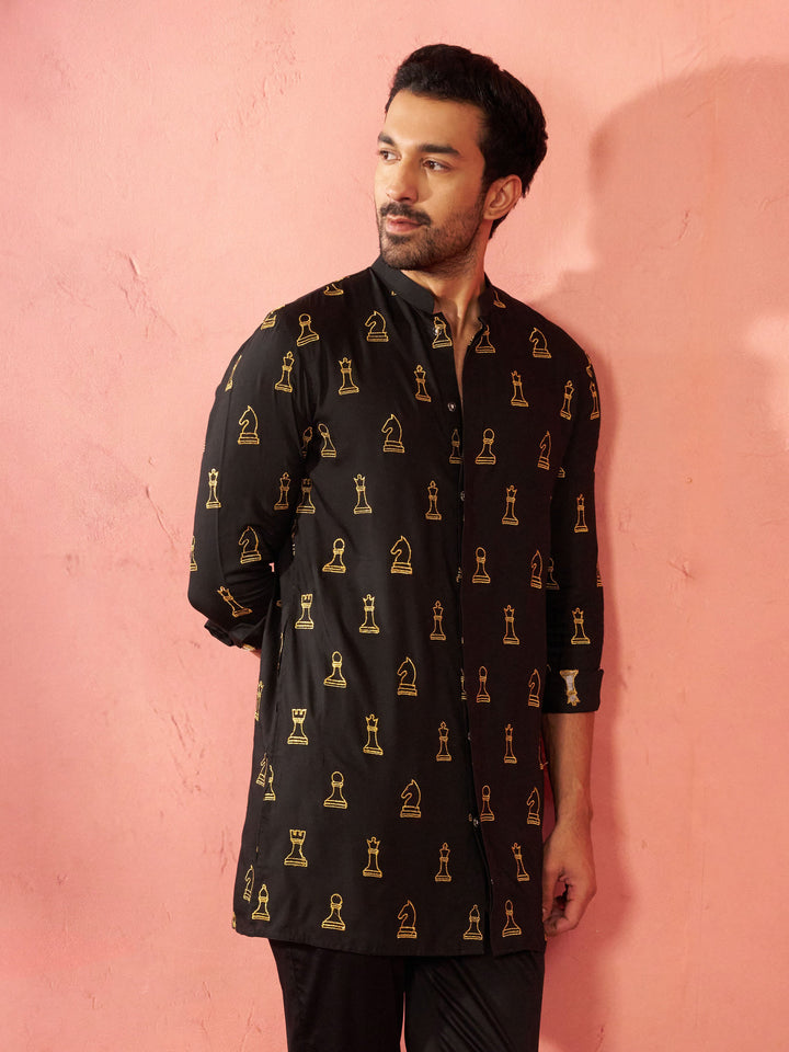 Men's Black Fine Satin Kurta