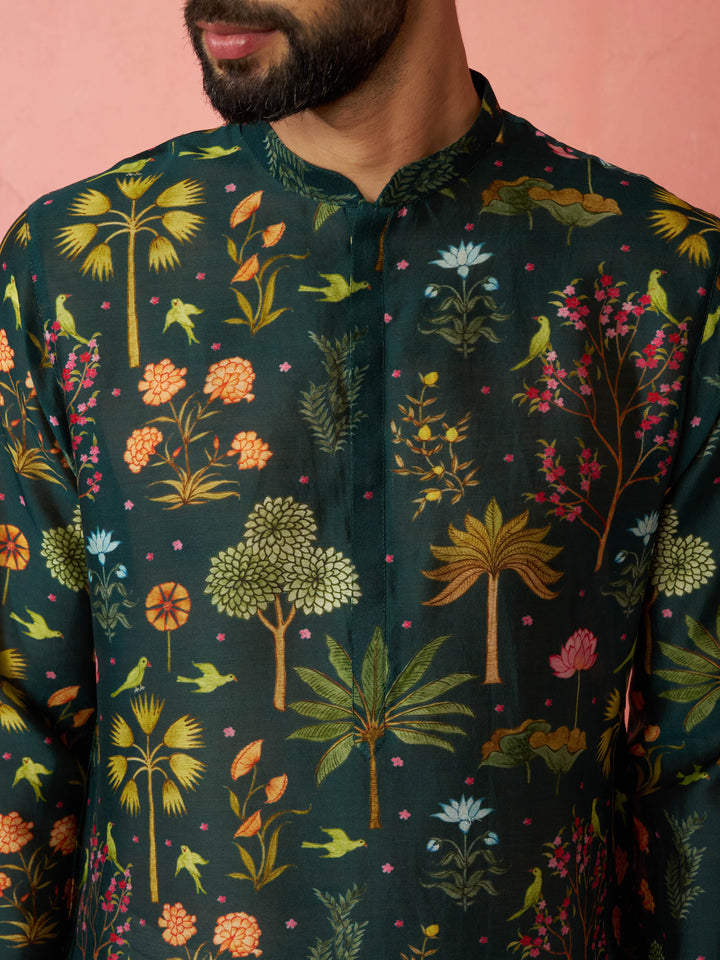 Men's Bottle Green Digital Print Kurta