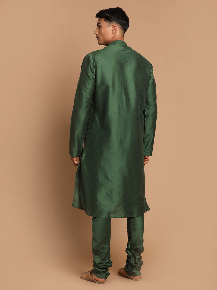 VASTRAMAY Men's Green Cotton Silk Blend Kurta and Pyjama Set
