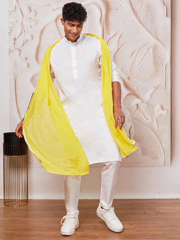 Men's White Cotton  Kurta,Pyjama And Dupatta Set