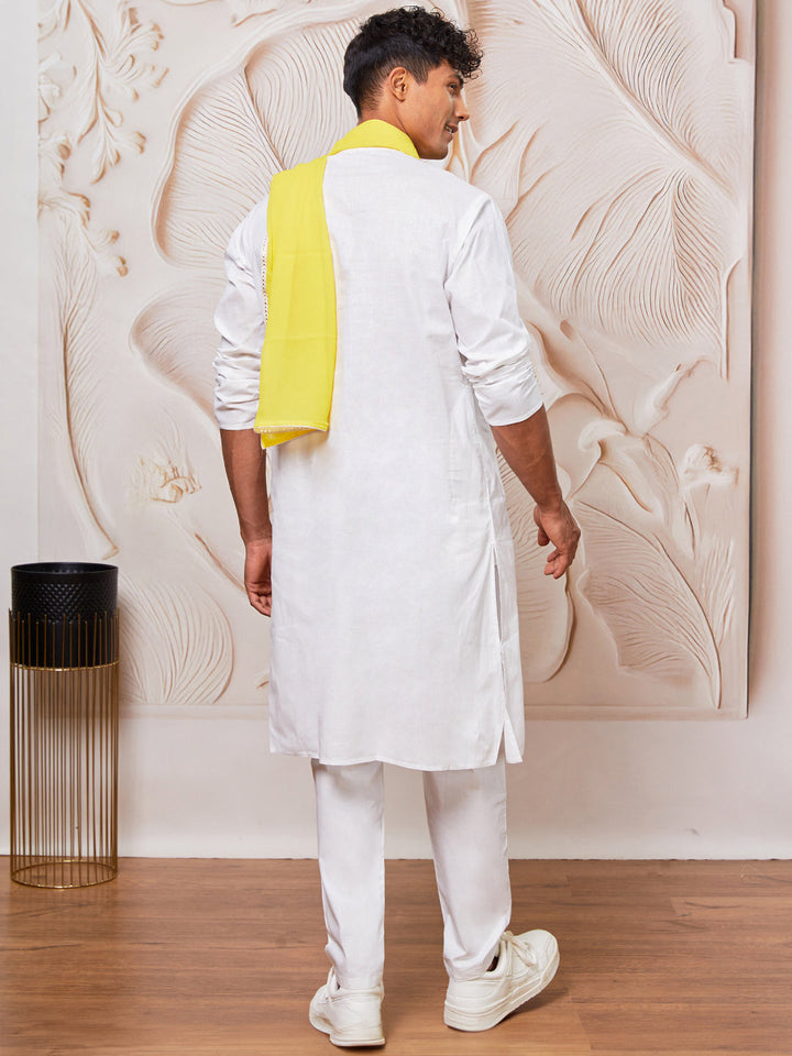 Men's White Cotton  Kurta,Pyjama And Dupatta Set