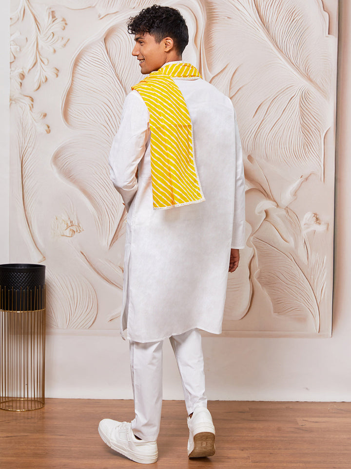 Men's White Cotton  Kurta,Pyjama And Dupatta Set