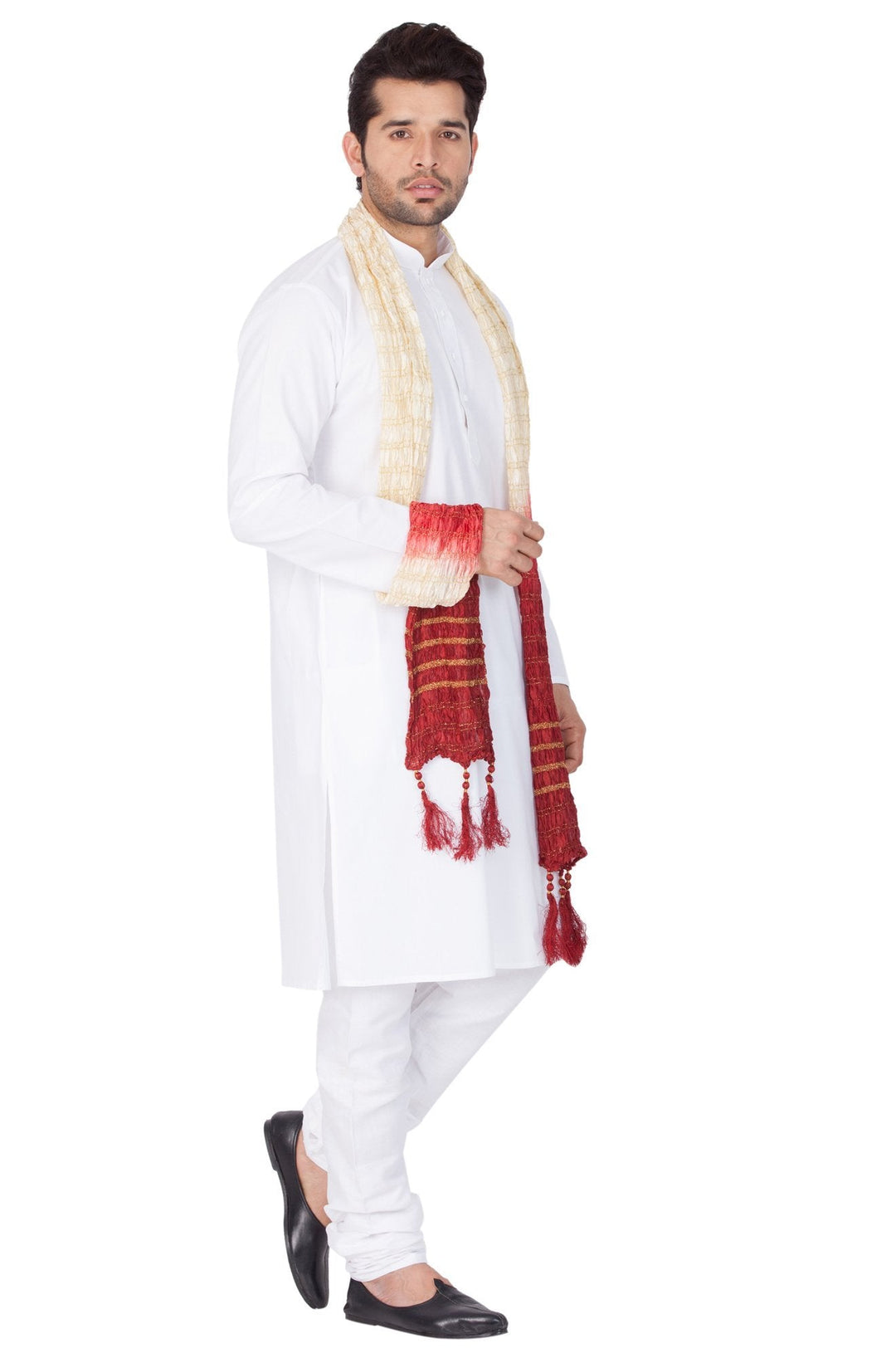 VASTRAMAY Men's White Cotton Kurta, Pyjama & Dupatta Set