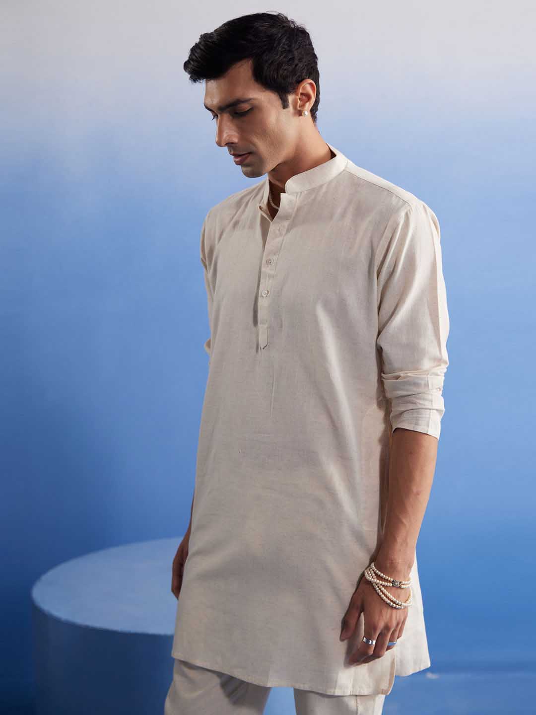 Men's Cream Cotton Kurta With Cream Pant Set