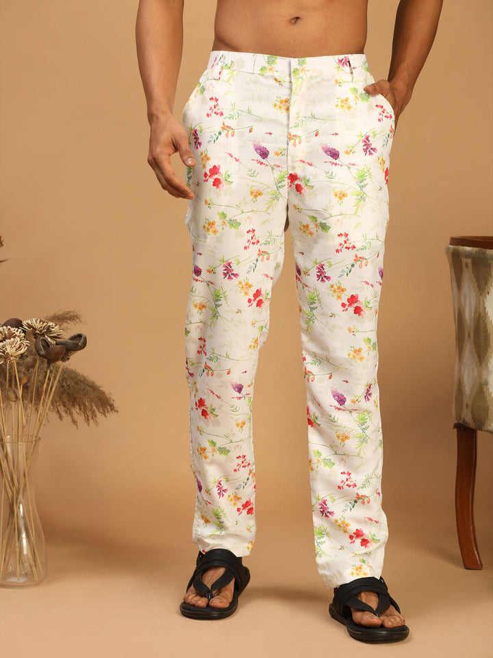 Men's Cream Base Multi-Color Rayon Pant Style Pyjama