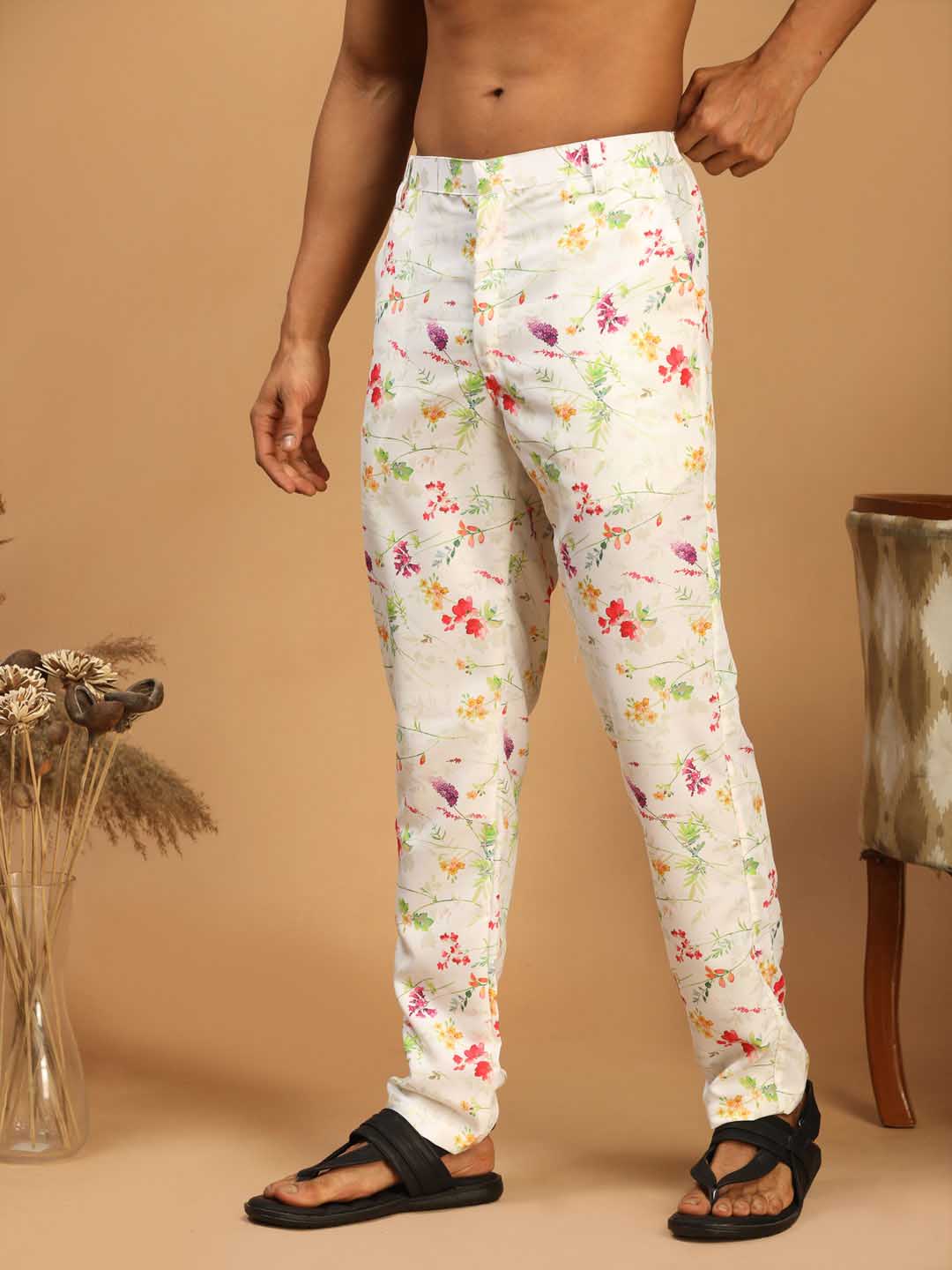 Men's Cream Base Multi-Color Rayon Pant Style Pyjama