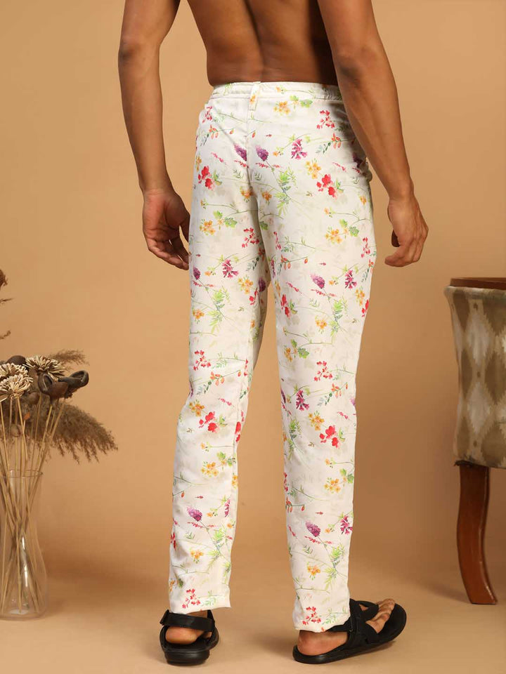 Men's Cream Base Multi-Color Rayon Pant Style Pyjama