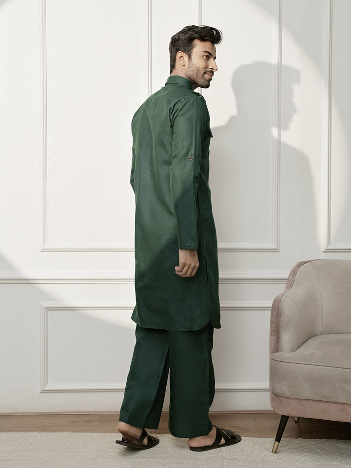 Men Mehendi Green Solid Pathani Kurta With Palazzo