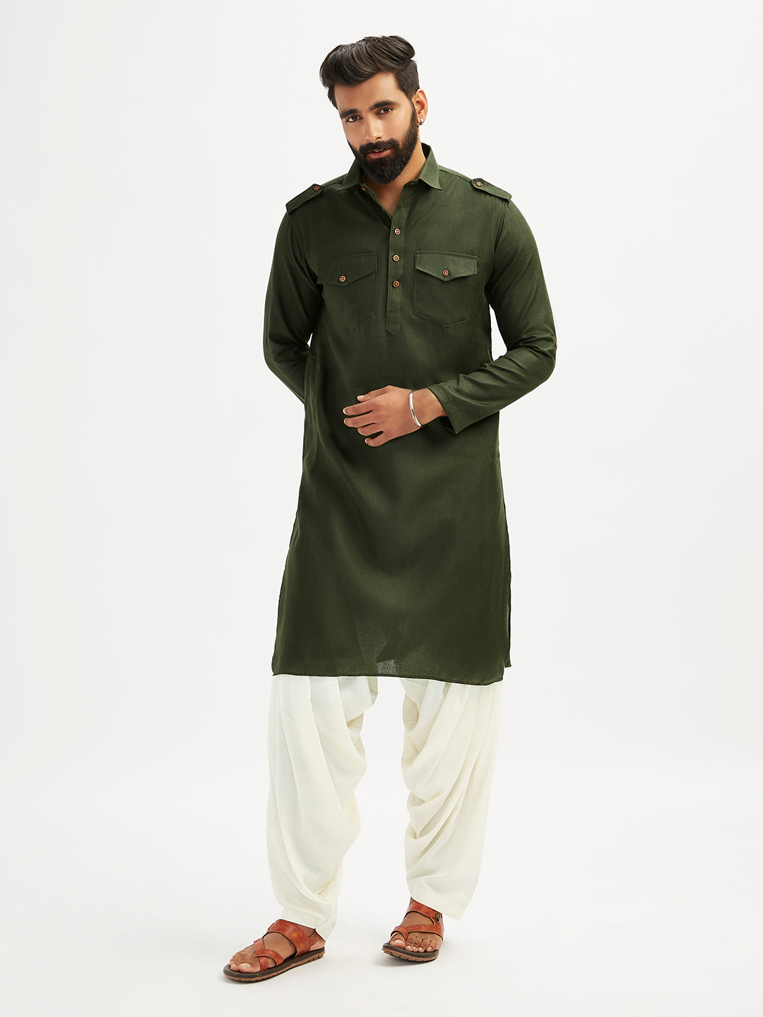 Men's Mehendi Green And Cream Cotton Blend Pathani Kurta Set