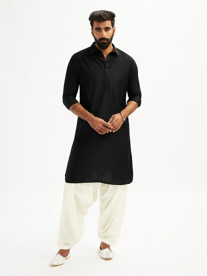 Men's Black And White Viscose Pathani Kurta Set