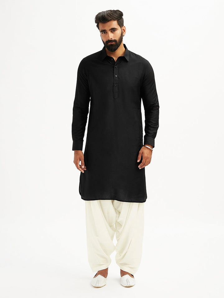 Men's Black And White Viscose Pathani Kurta Set