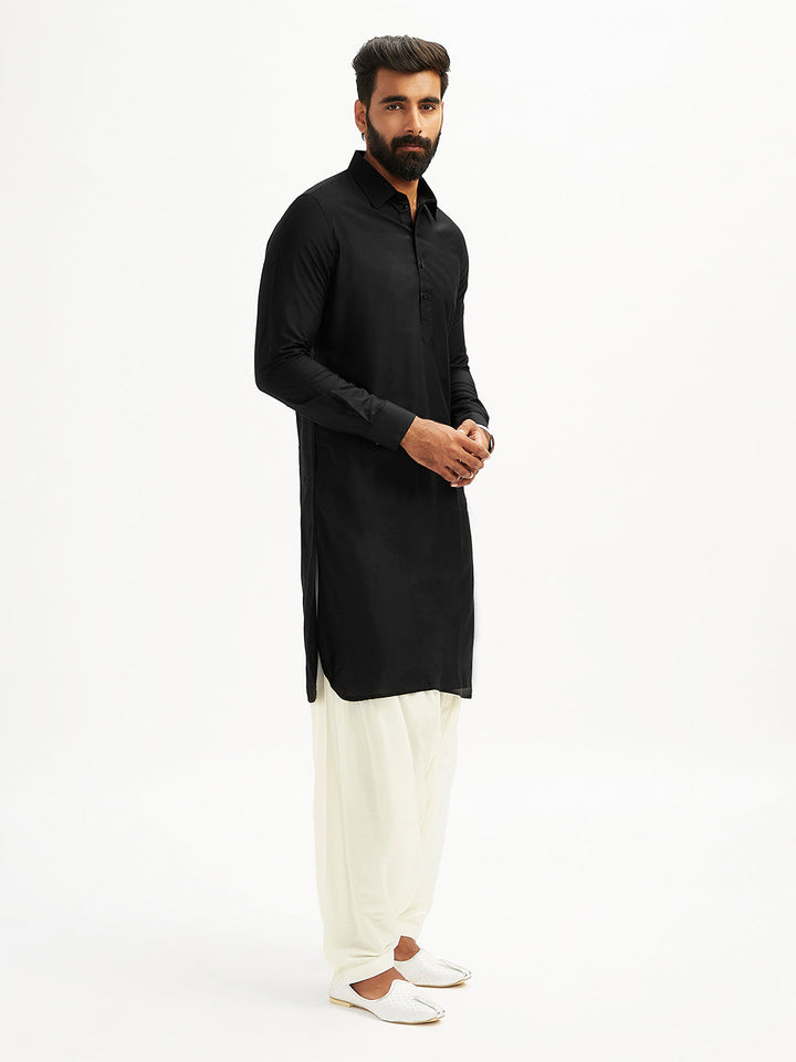 Men's Black And White Viscose Pathani Kurta Set