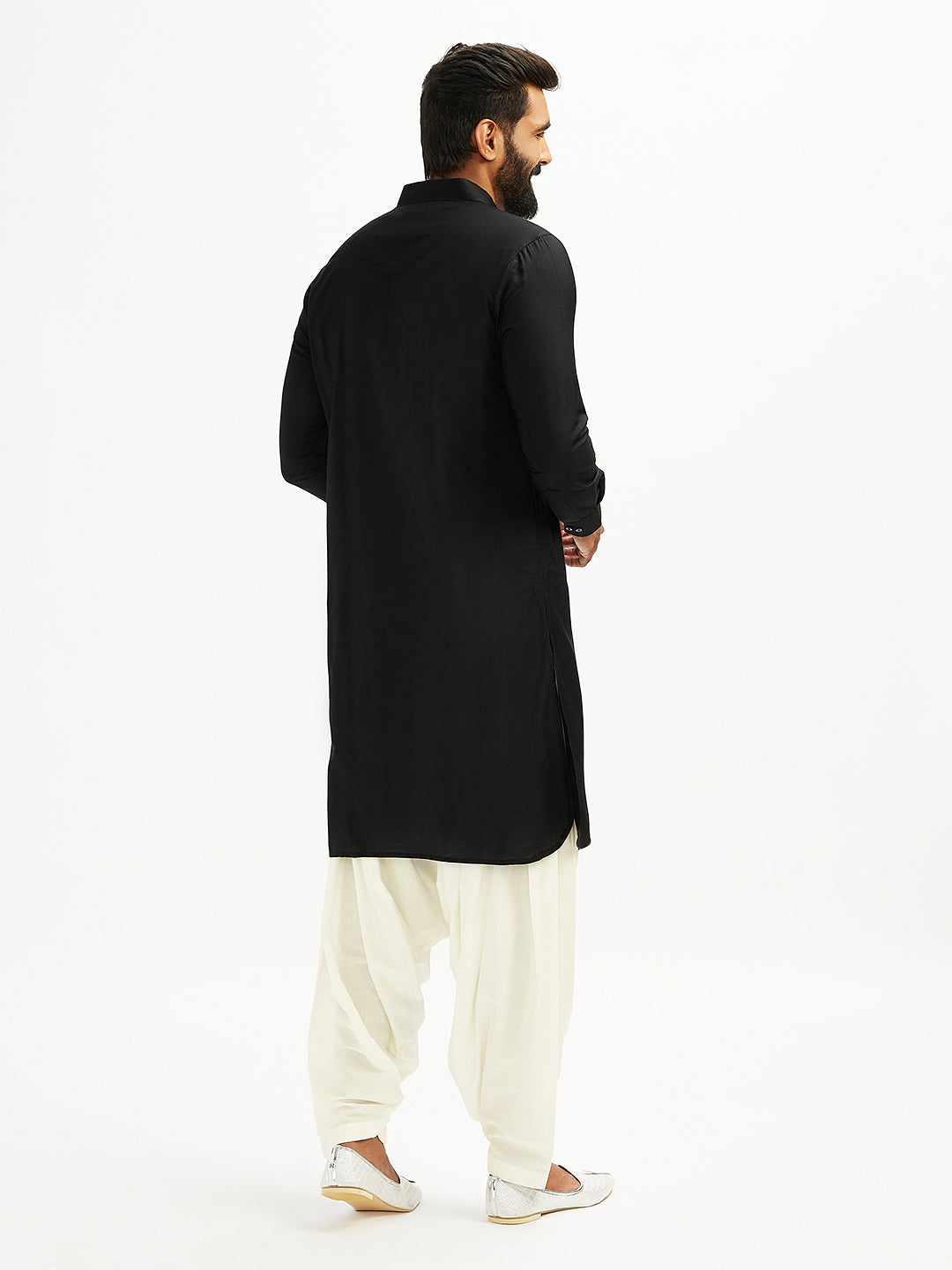 Men's Black And White Viscose Pathani Kurta Set
