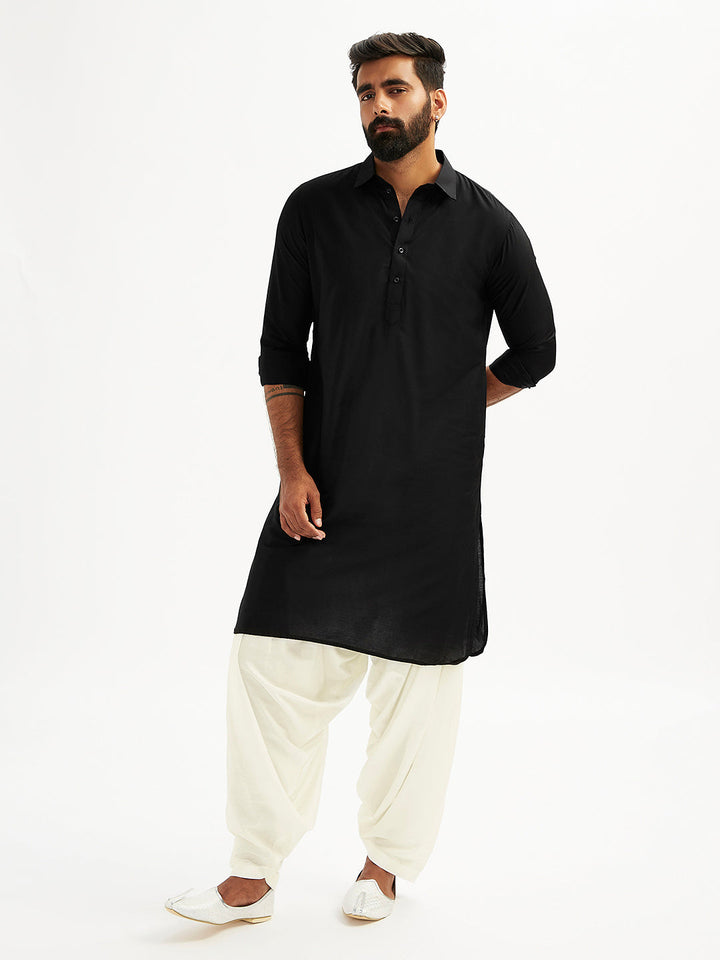 Men's Black And White Viscose Pathani Kurta Set