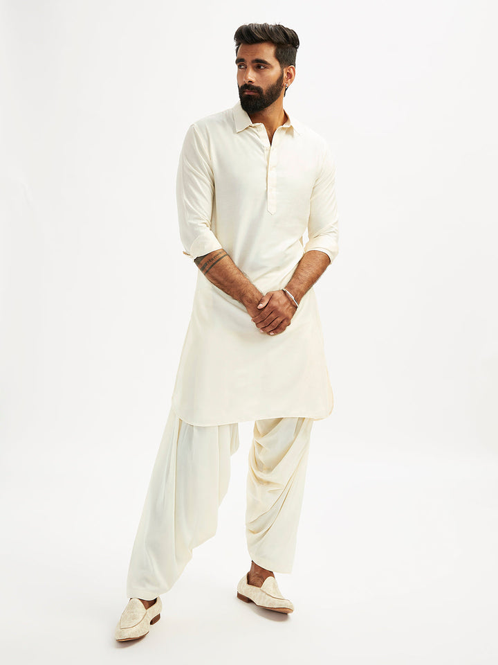 Men's Cream Viscose Pathani Kurta Set