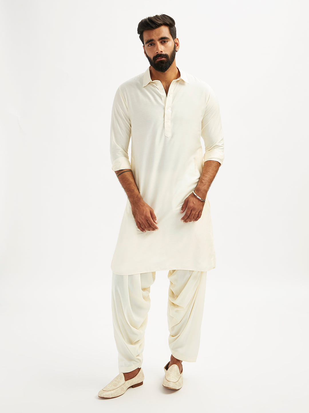 Men's Cream Viscose Pathani Kurta Set