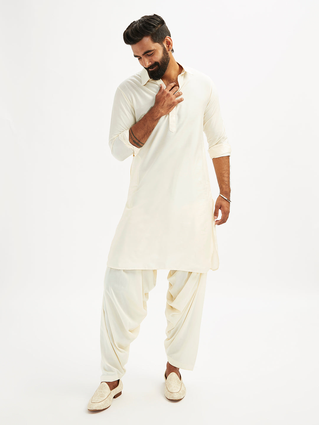 Men's Cream Viscose Pathani Kurta Set