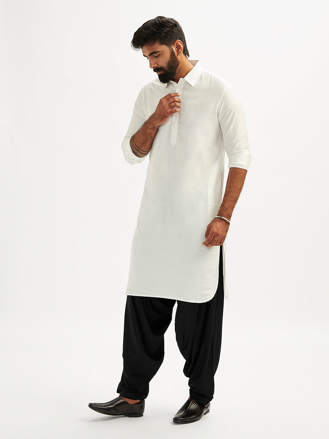 Men's White And Black Viscose Pathani Kurta Set