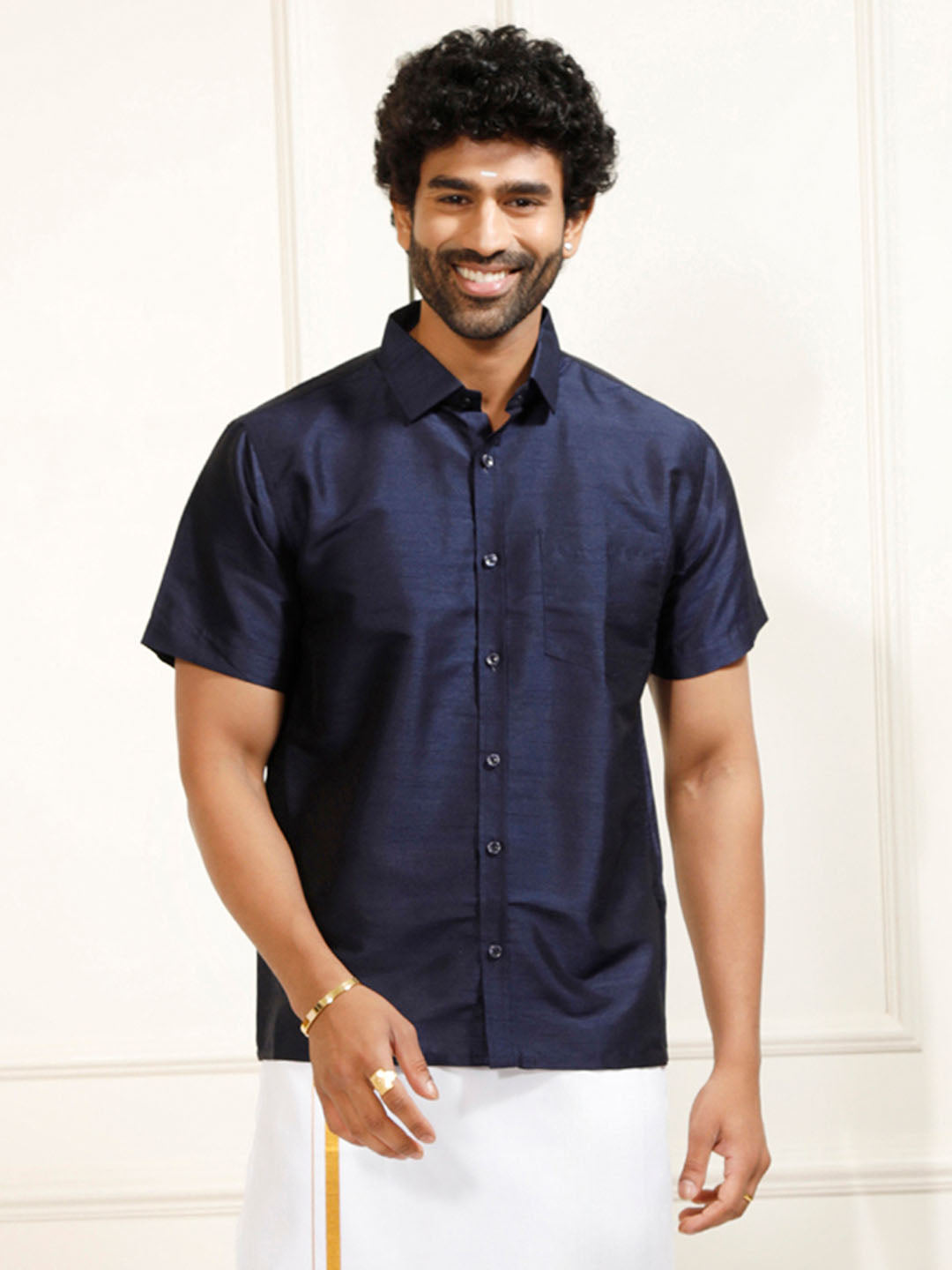 Men's Navy Blue Silk Blend Ethnic Shirt