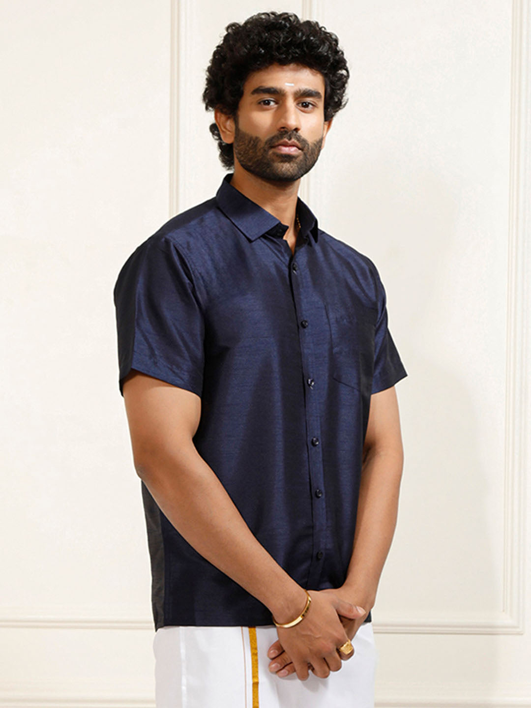 Men's Navy Blue Silk Blend Ethnic Shirt