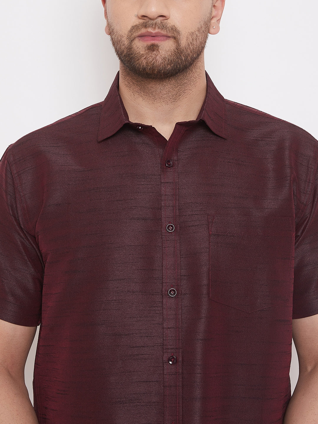 Men's Wine Silk Blend Ethnic Shirt