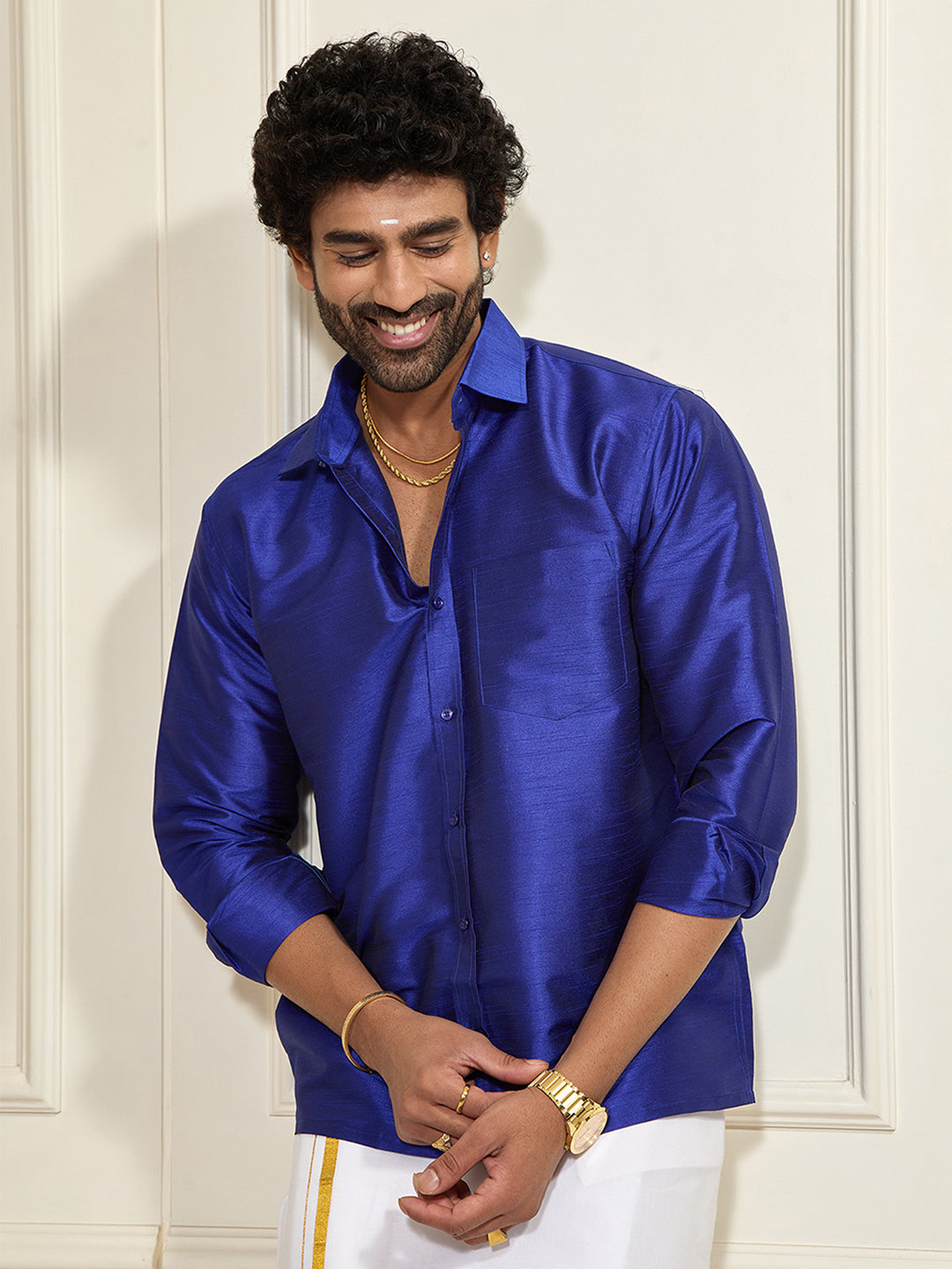 Men's Blue Silk Blend Ethnic Shirt