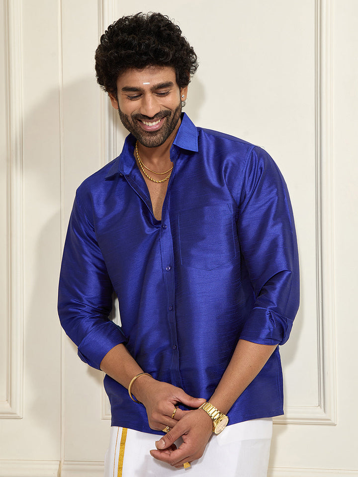 Men's Blue Silk Blend Ethnic Shirt