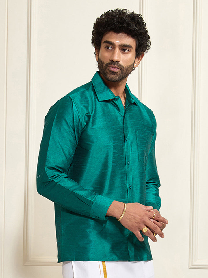 Men's Green Silk Blend Ethnic Shirt