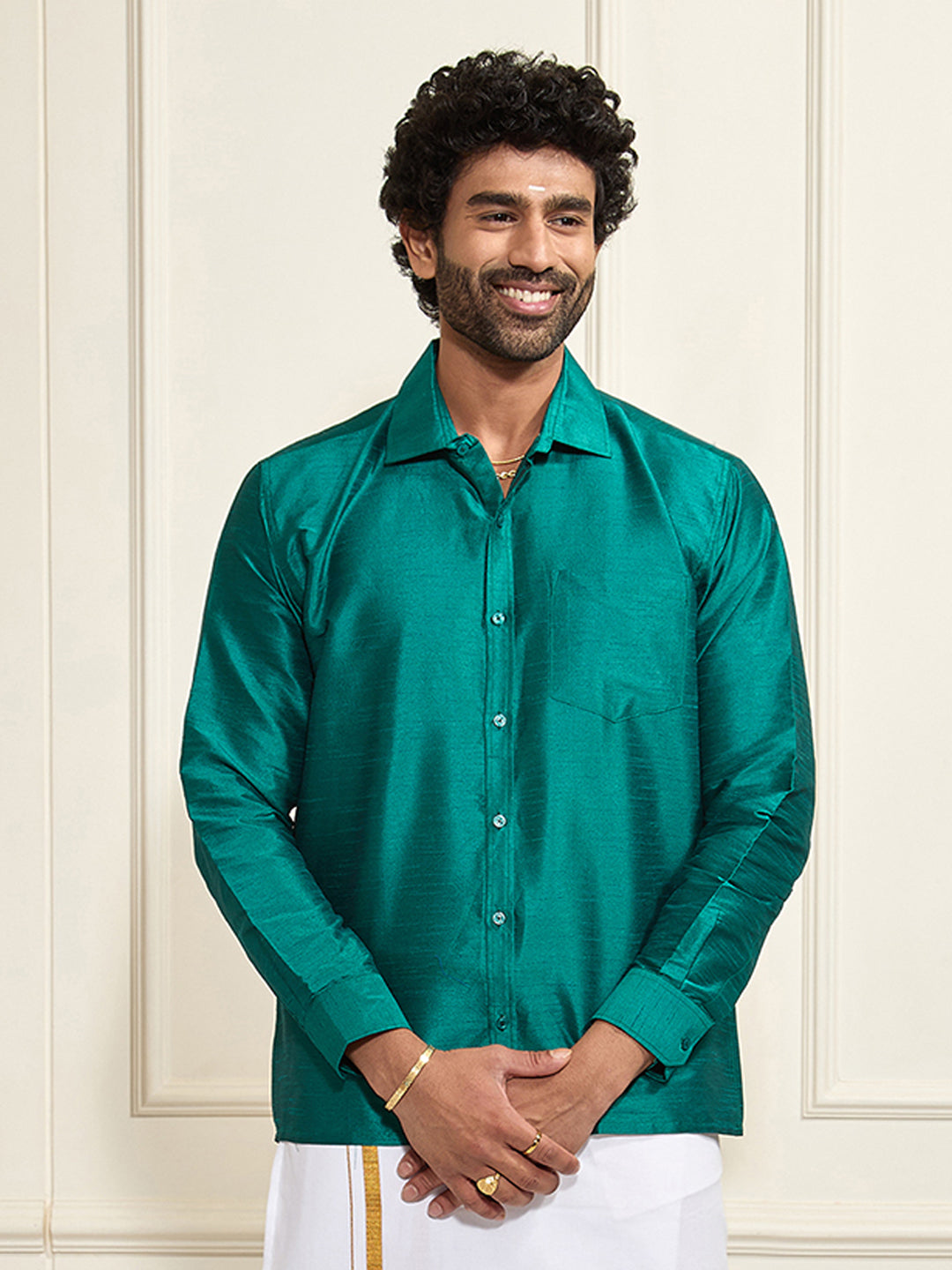 Men's Green Silk Blend Ethnic Shirt