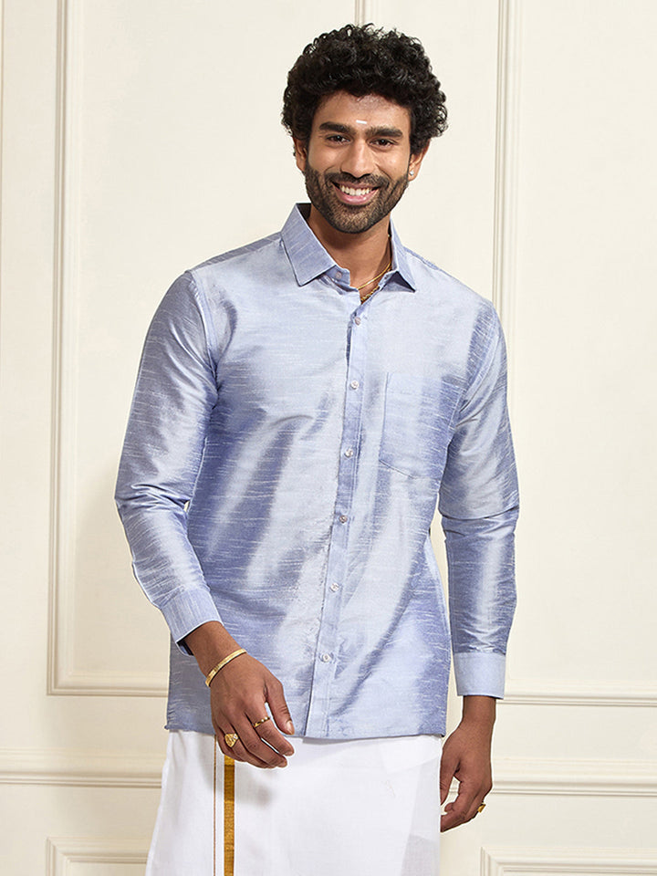 Men's Light Blue Silk Blend Ethnic Shirt