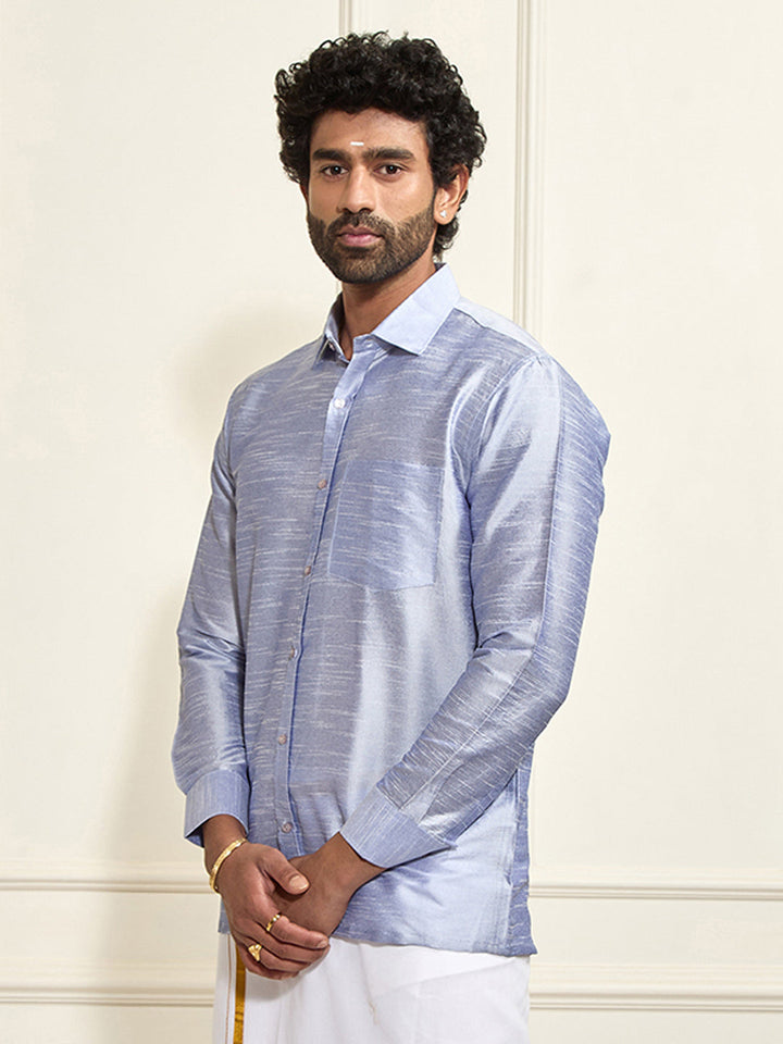 Men's Light Blue Silk Blend Ethnic Shirt